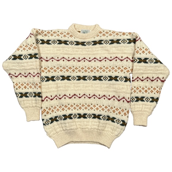 Vintage 90s Blarney Woolen Mills Wool Fair Isle Cream Thick Sweater Mens Medium - Picture 1 of 9